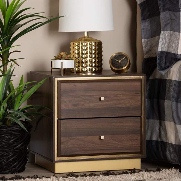 Baxton Studio Cormac Transitional Walnut Brown Finished Wood and Gold Metal 2-Drawer Nightstand 208-12138
